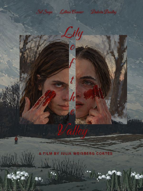 Poster: the sisters' faces split by the hand-lettered title, blood smeared on their cheeks, lilies of the valley in the snow below.