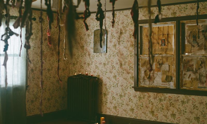 An empty room, its ceiling hung with braided cloth and dried flowers.