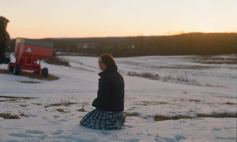 A girl kneels alone in a snowfield at dusk.
